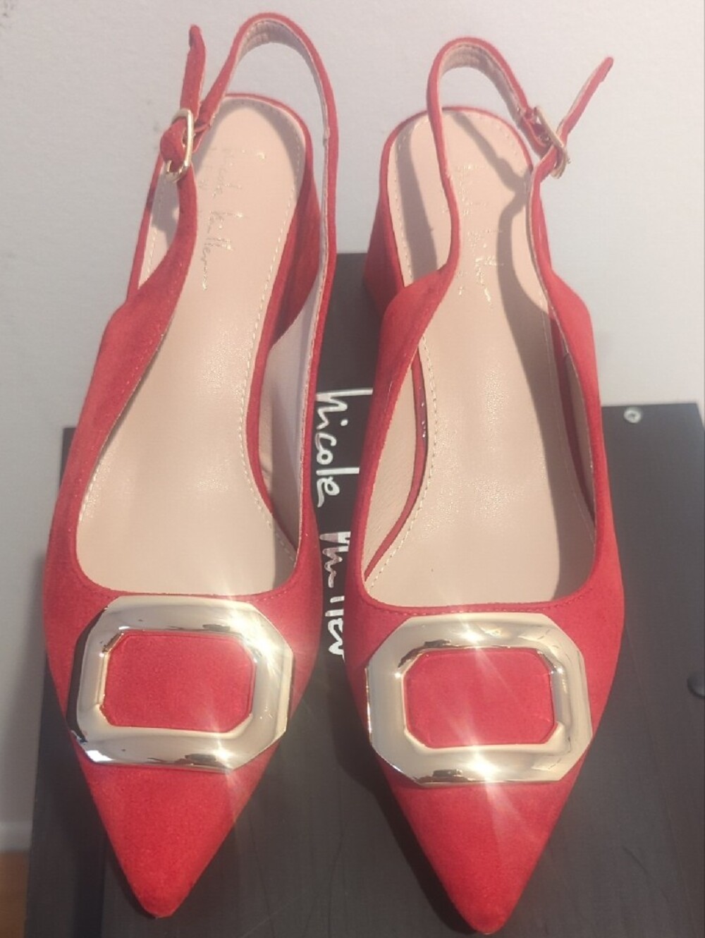 Red Pointed Slingback Pumps with Gold Buckle - Picture 2 of 6